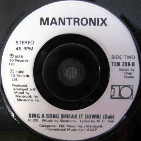 Mantronix : Sing A Song (7", Single)