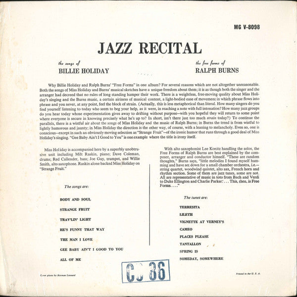 Billie Holiday / Ralph Burns : Jazz Recital (LP, Mono, RE)
