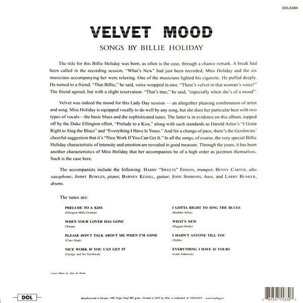Billie Holiday : Velvet Mood (LP, Album, Mono, RE, 180)