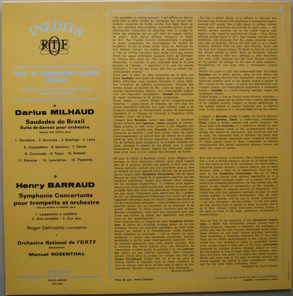 Darius Milhaud / Henry Barraud - Orchestre National De France, Manuel Rosenthal : Saudades Do Brazil / Symphonie Concertante Pour Trompette Et Orchestre (LP)
