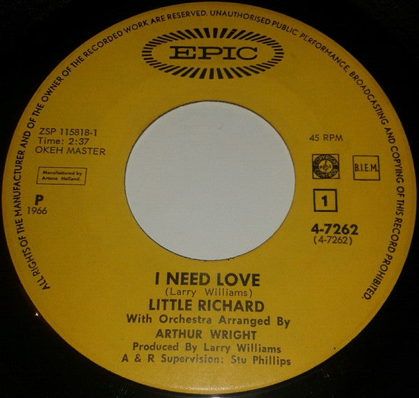 Little Richard : I Need Love / The Commandments Of Love  (7")