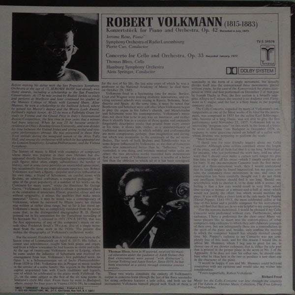 Robert Volkmann - Jerome Rose, Orchestra Of Radio Luxembourg, Pierre Cao, Thomas Blees, Hamburger Symphoniker, Alois Springer : Konzertstück For Piano & Orchestra / Concerto For Cello & Orchestra (LP, Comp)
