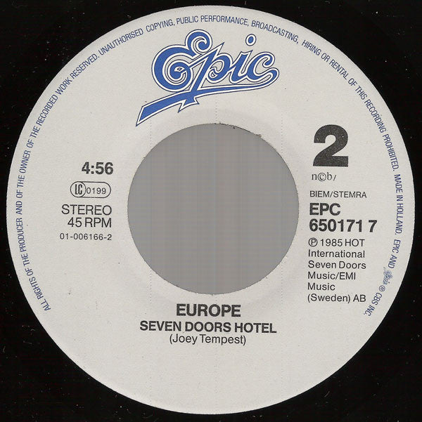 Europe (2) : Rock The Night (7", Single)