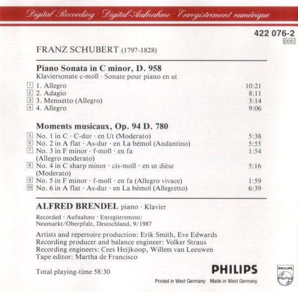 Franz Schubert, Alfred Brendel : Piano Sonata In C Minor, D. 958 · Moments Musicaux, D. 780 (CD, Album)