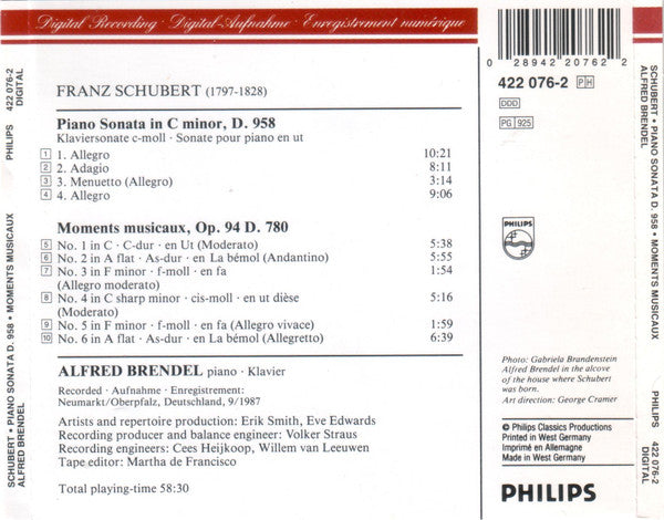 Franz Schubert, Alfred Brendel : Piano Sonata In C Minor, D. 958 · Moments Musicaux, D. 780 (CD, Album)