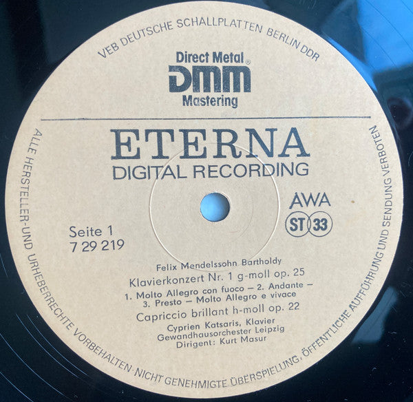 Felix Mendelssohn-Bartholdy - Cyprien Katsaris, Kurt Masur, Gewandhausorchester Leipzig : Klavierkonzerte Nr. 1 Und Nr. 2  • Capriccio Brillant (LP)