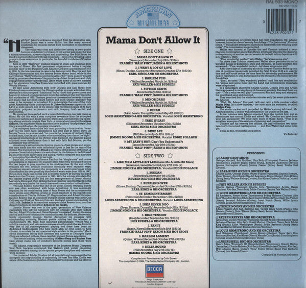 Various Featuring Louis Armstrong ▪ Fats Waller ▪ Earl Hines : Mama Don't Allow It (LP, Comp, Mono)