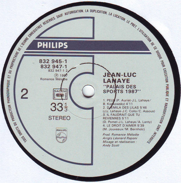 Jean-Luc Lahaye : Live Palais Des Sports 1987 (2xLP, Album, Gat)