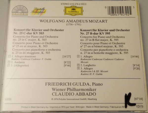 Wolfgang Amadeus Mozart, Friedrich Gulda, Wiener Philharmoniker, Claudio Abbado : Klavierkonzerte Nr. 25 & 27 (CD, RE, RM)