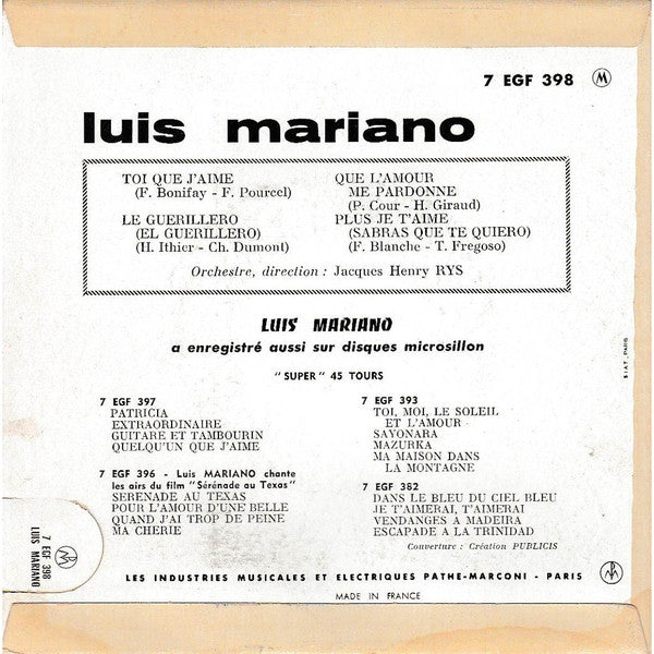 Luis Mariano : Toi Que J'Aime (7", EP)