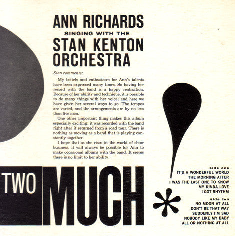 Ann Richards And Stan Kenton : Two Much! (LP, Album, Mono)