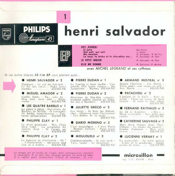Henri Salvador : 1 - Pot Pourri (7", EP, Mono, RP)