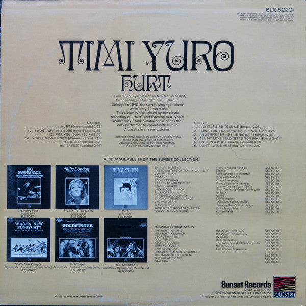 Timi Yuro : Hurt (LP, Album, RE)