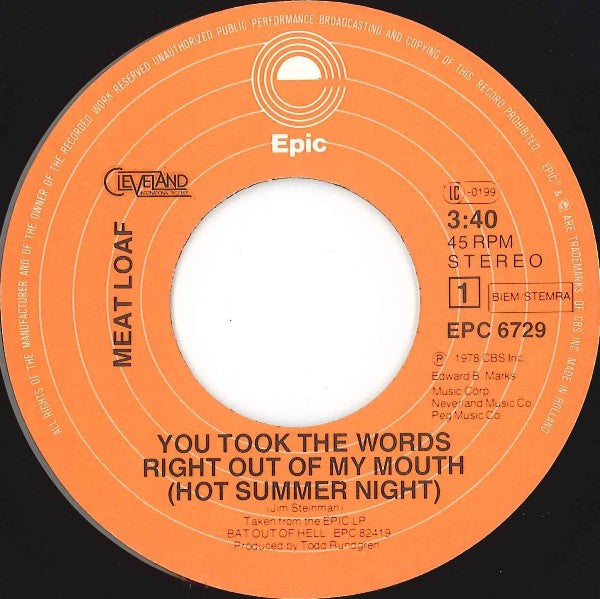 Meat Loaf : You Took The Words Right Out Of My Mouth (Hot Summer Night) (7", Single)