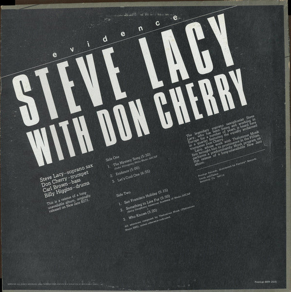 Steve Lacy with Don Cherry : Evidence (LP, Album, RE)