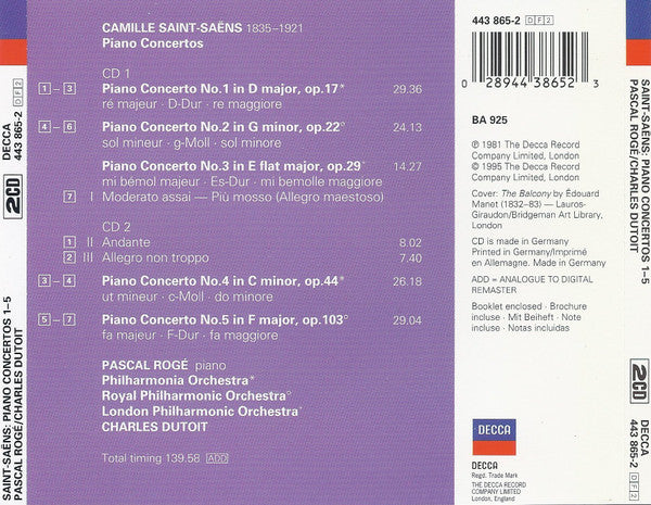 Camille Saint-Saëns, Pascal Rogé, Charles Dutoit : Piano Concertos 1-5 (2xCD, RE)