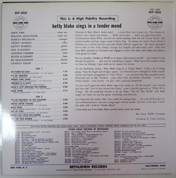 Betty Blake  Featuring Zoot Sims : Sings In A Tender Mood (LP, Album, Mono, RE)