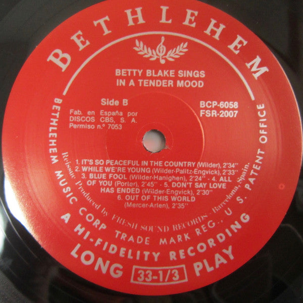 Betty Blake  Featuring Zoot Sims : Sings In A Tender Mood (LP, Album, Mono, RE)