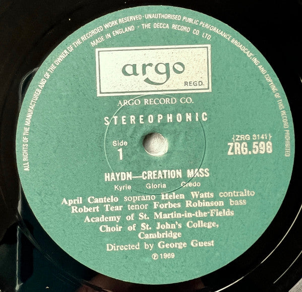 Joseph Haydn - April Cantelo, Helen Watts, Robert Tear, Forbes Robinson, The Academy Of St. Martin-in-the-Fields, St. John's College Choir, George Guest (2) : Creation Mass (LP, RP)