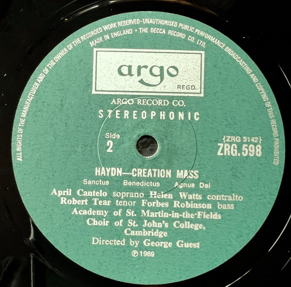 Joseph Haydn - April Cantelo, Helen Watts, Robert Tear, Forbes Robinson, The Academy Of St. Martin-in-the-Fields, St. John's College Choir, George Guest (2) : Creation Mass (LP, RP)