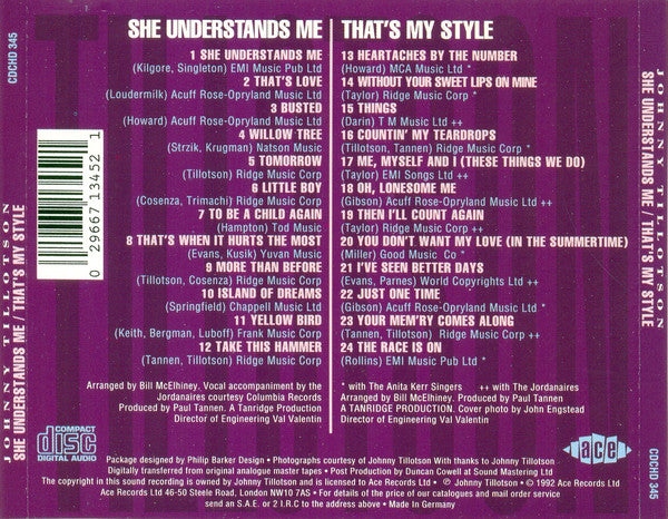 Johnny Tillotson : She Understands Me / That's My Style (CD, Comp, RM)