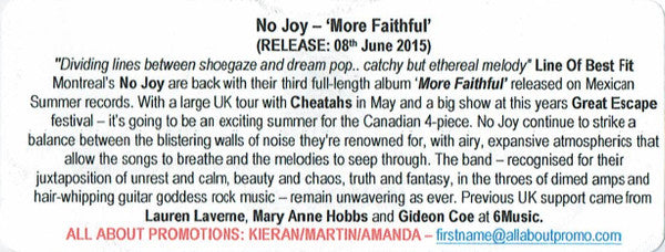 No Joy : More Faithful (CDr, Album, Promo)