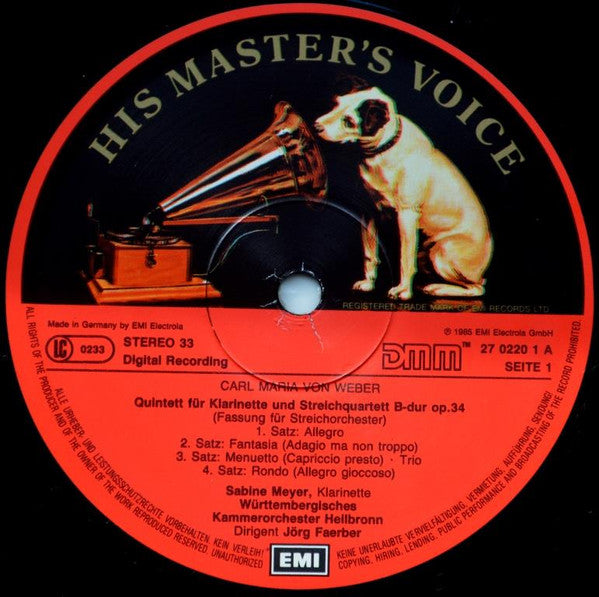 Sabine Meyer, Wolfgang Meyer (3) : Works for Clarinet and Orchestra (Weber, Baermann, Mendelssohn) (LP, Album)