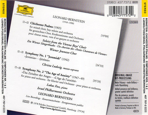 Leonard Bernstein, Wiener Jeunesse-Chor, Christa Ludwig, Lukas Foss, Israel Philharmonic Orchestra, Leonard Bernstein : Chichester Psalms • Symphonies Nos. 1 & 2 (CD, Comp, Uni)
