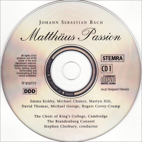 Johann Sebastian Bach - Emma Kirkby, Michael Chance, Martyn Hill, David Thomas (9), Michael George (3), Rogers Covey-Crump, The King's College Choir Of Cambridge, Brandenburg Consort, Stephen Cleobury : Matthäus Passion (3xCD + Box)