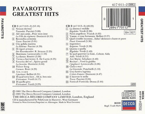 Luciano Pavarotti : Pavarotti's Greatest Hits (2xCD, Comp, RE, Fat)