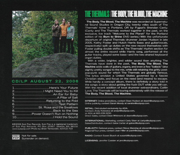 The Thermals : The Body The Blood The Machine (CD, Album, Promo)