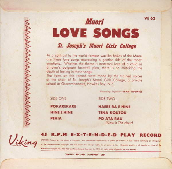 St. Joseph's Maori Girls College Choir : Maori Love Songs (7", EP)