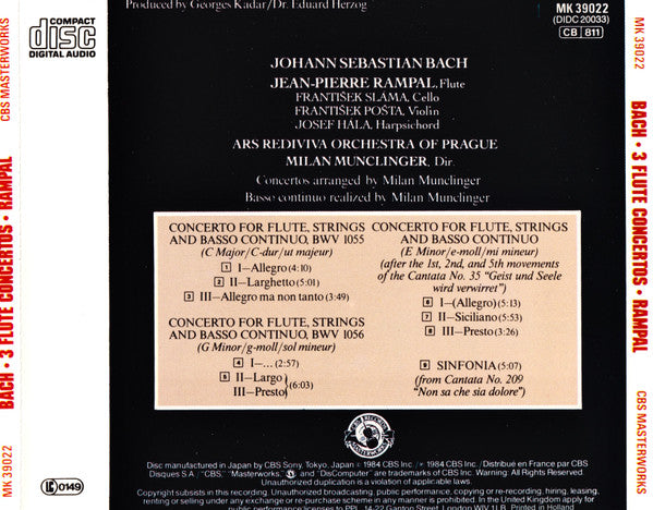 Johann Sebastian Bach, Jean-Pierre Rampal / Ars Rediviva Ensemble / Milan Munclinger : 3 Flute Concertos (CD, Album, RE)