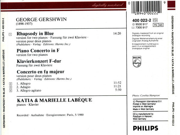 Gershwin* - Katia & Marielle Labeque* : Rhapsody In Blue • Piano Concerto In F (Versions For Two Pianos) (CD, Album, RM)