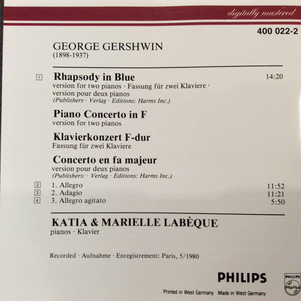 Gershwin* - Katia & Marielle Labeque* : Rhapsody In Blue • Piano Concerto In F (Versions For Two Pianos) (CD, Album, RM)