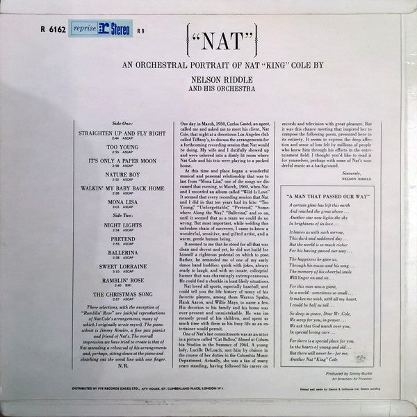 Nelson Riddle : "NAT" An Orchestral Portrait Of Nat King Cole (LP, Album)
