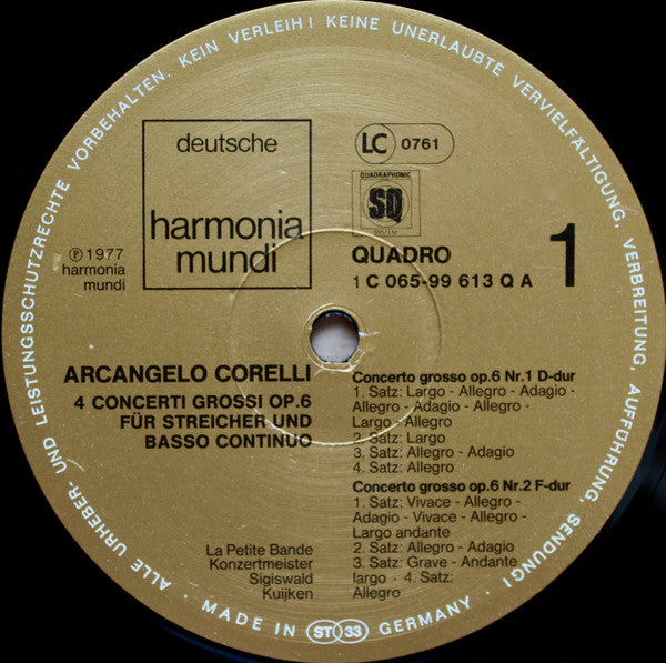 Arcangelo Corelli - La Petite Bande ∙ Sigiswald Kuijken : Concerti Grossi Opus 6, 1-4 (LP, Quad)