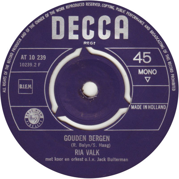Ria Valk : De Zon Lacht Naar Mij / Gouden Bergen (7", Single)