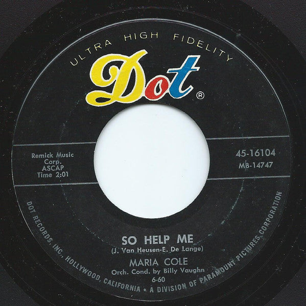 Maria Cole : Cocktails For Two / So Help Me (7", Single)