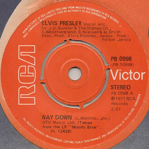 Elvis Presley : Way Down (7", Single, Pus)