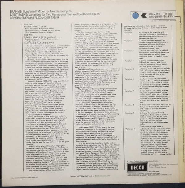 Johannes Brahms / Camille Saint-Saëns, Eden And Tamir : Sonata For Two Pianos / Variations For Two Pianos On A Theme Of Beethoven (LP)