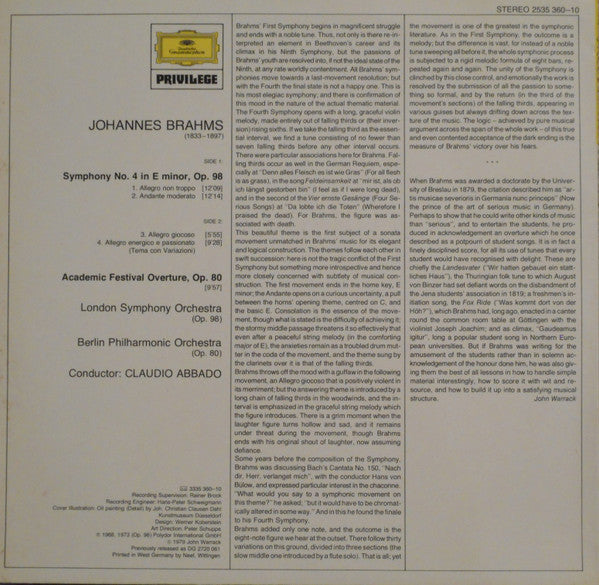 Johannes Brahms - London Symphony Orchestra - Berliner Philharmoniker - Claudio Abbado : Symphony No.4 / Academic Festival Overture (LP, Album)