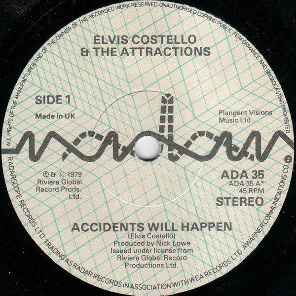 Elvis Costello & The Attractions : Accidents Will Happen (7", Single, Sol)