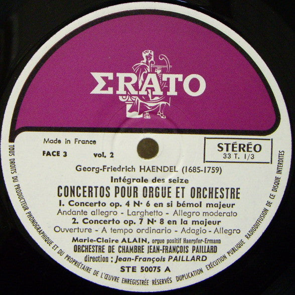 G.F.Haendel*, Marie-Claire Alain, Orchestre De Chambre Jean-François Paillard , Conducted By Jean-François Paillard : Intégrale Des 16 Concertos Pour Orgue Et Orchestre No. 5-8  Vol. II (LP, Album)