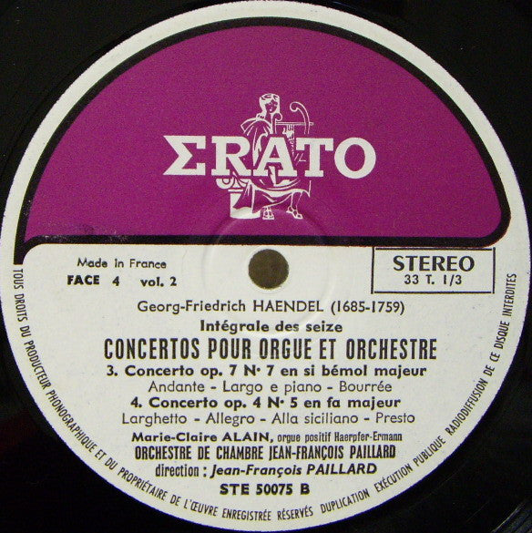 G.F.Haendel*, Marie-Claire Alain, Orchestre De Chambre Jean-François Paillard , Conducted By Jean-François Paillard : Intégrale Des 16 Concertos Pour Orgue Et Orchestre No. 5-8  Vol. II (LP, Album)