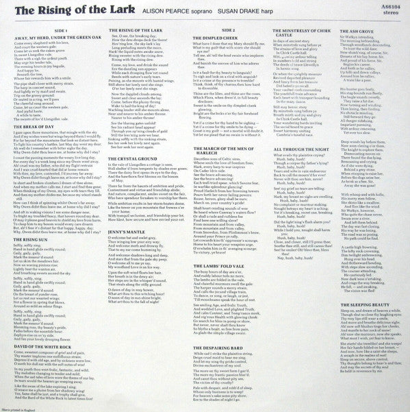 Alison Pearce, Susan Drake : The Rising Of The Lark (Haydn's Welsh Folksong Arrangements) (LP)