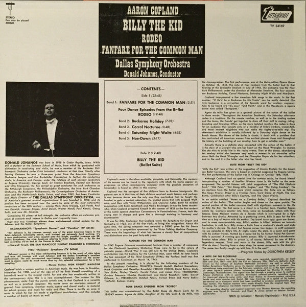 Aaron Copland - Dallas Symphony Orchestra, Donald Johanos : Billy The Kid / Rodeo / Fanfare For The Common Man (LP, Album, RE, DBX)