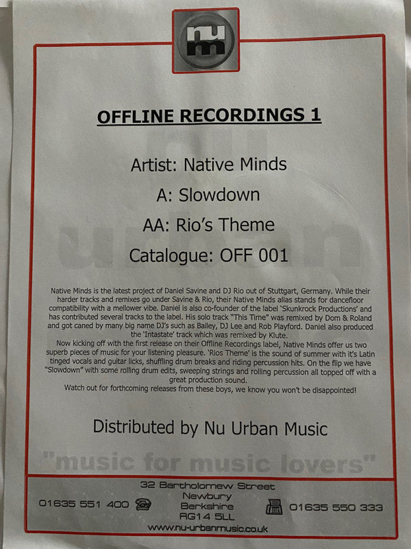 Native Minds : Slowdown (12", Single, Promo, W/Lbl)