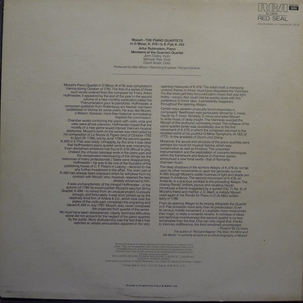 Arthur Rubinstein And Guarneri Quartet, Wolfgang Amadeus Mozart : The Piano Quartets (LP)