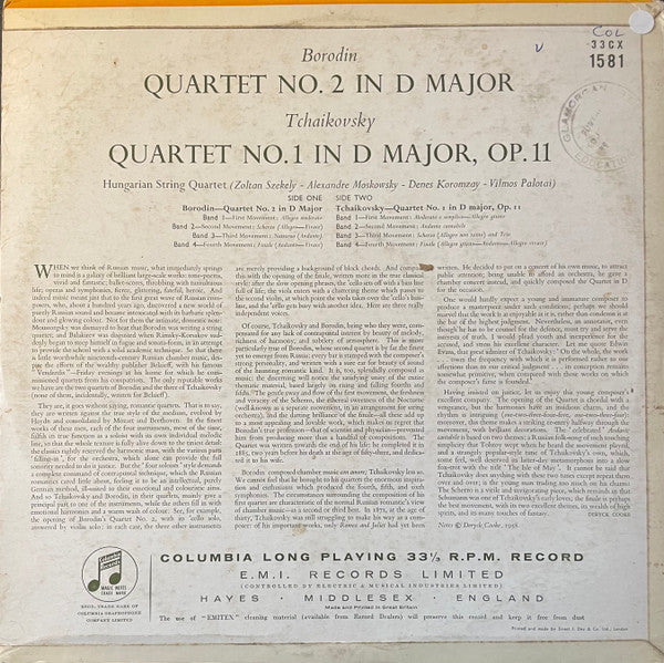Alexander Borodin / Pyotr Ilyich Tchaikovsky - The Hungarian Quartet : Quartet No. 2 In D Major / Quartet No. 1 In D Major (LP, Album, Mono)